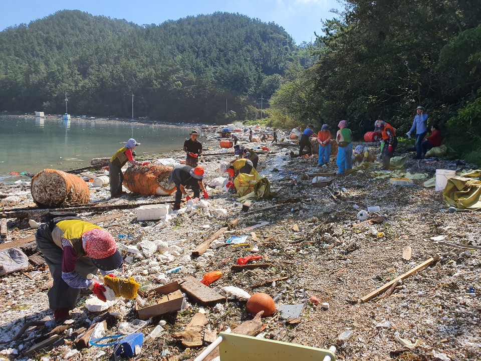 지난 24일 여수시 남면 화태도 묘두마을 해변에서 공무원과 군인, 마을 주민 등 100여 명이 태풍 ‘타파’로 발생한 해양쓰레기를 수거하고 있다.
