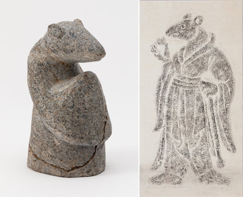 곱돌로 만든 쥐(왼쪽)와 십이지 자신 탁본. (국립민속박물관 제공)