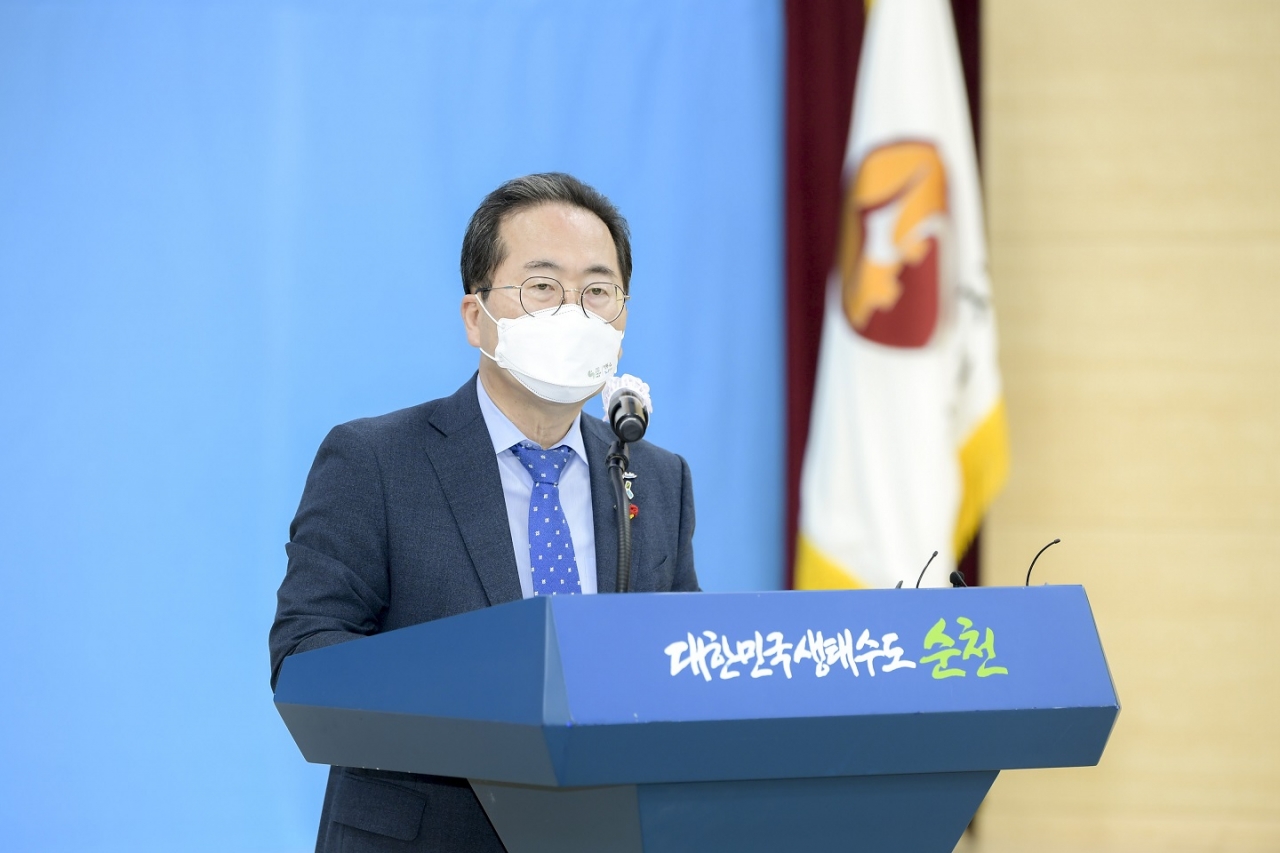 허석 순천시장이 지난 29일 민선7기 출범 3주년을 맞아 언론 브리핑을 갖고 있다.