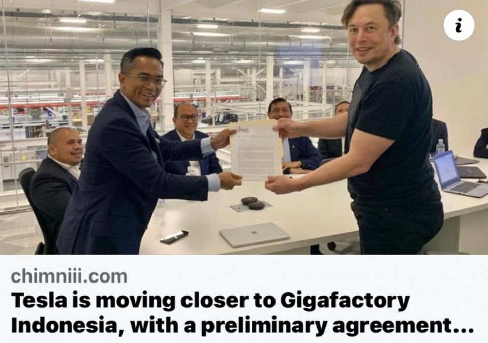 블룸버그통신은 미국 최대 전기차 업체인 테슬라가 아시아 제2 기가팩토리(전기차 생산공장)를 인도네시아에 짓기로 하고, 현지 정부와 최종 합의에 이르렀다고 지난 11일(미국시간) 보도했다.