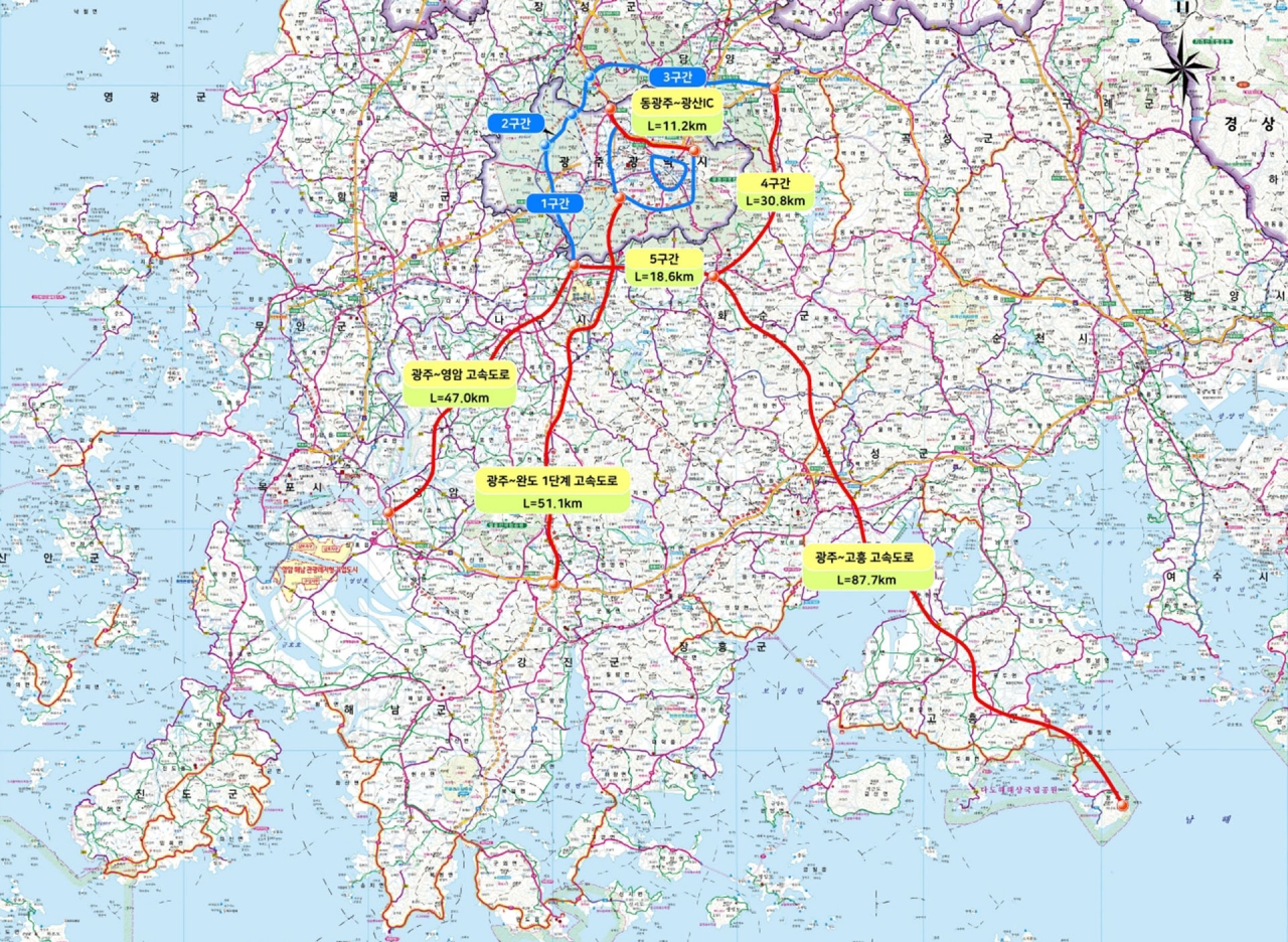 광주광역시와 전남 시군을 잇는 서남권 도로망 구축 계획도.