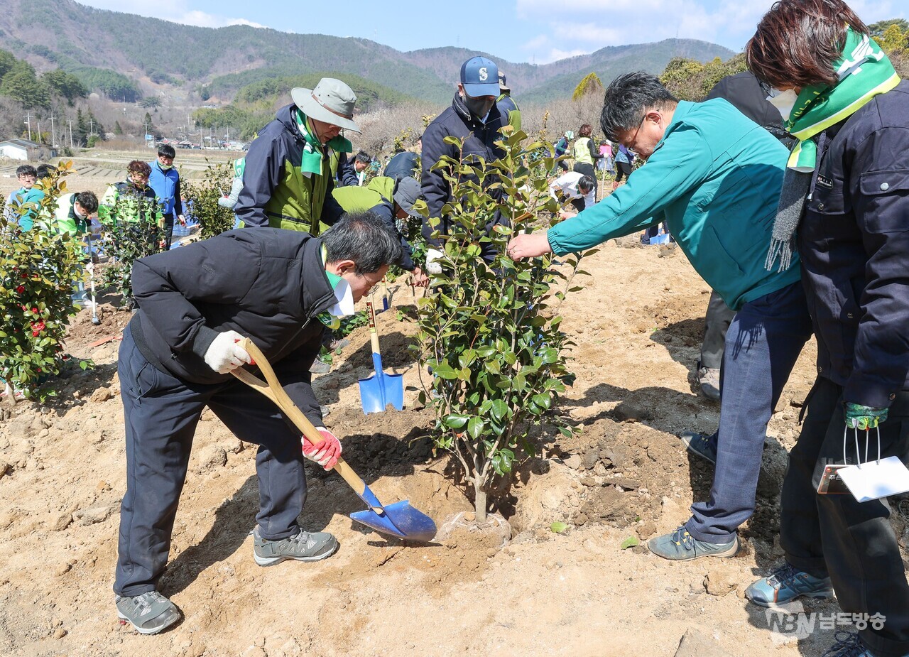 ▲나무 심기행사에 참여한 정인화 광양시장이 나무에 흙을 채워주고 있다. (사진=광양시)